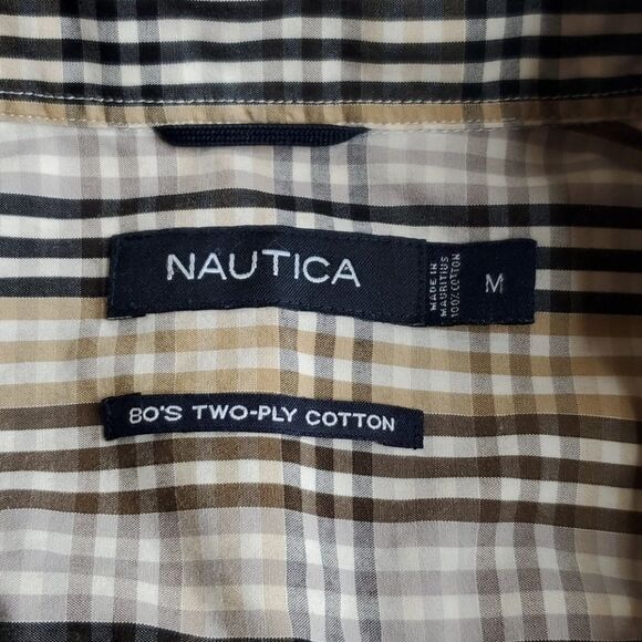 M NAUTICA 80'S Sailing TWO PLY COTTON tan black PLAID BUTTON DOWN SHIRT Medium - Picture 10 of 11
